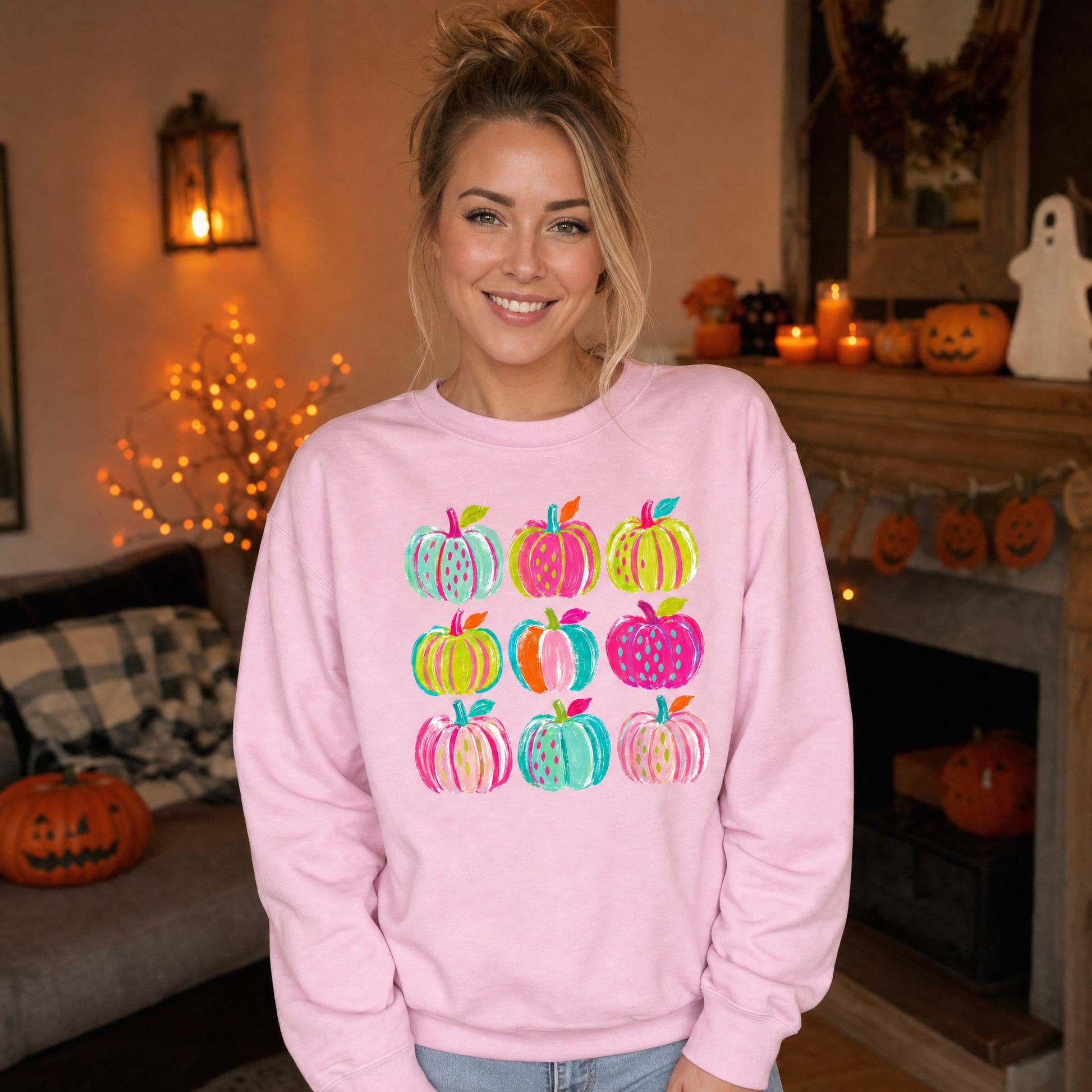 Model wearing the Brushstroke Pumpkins sweatshirt in Light Pink