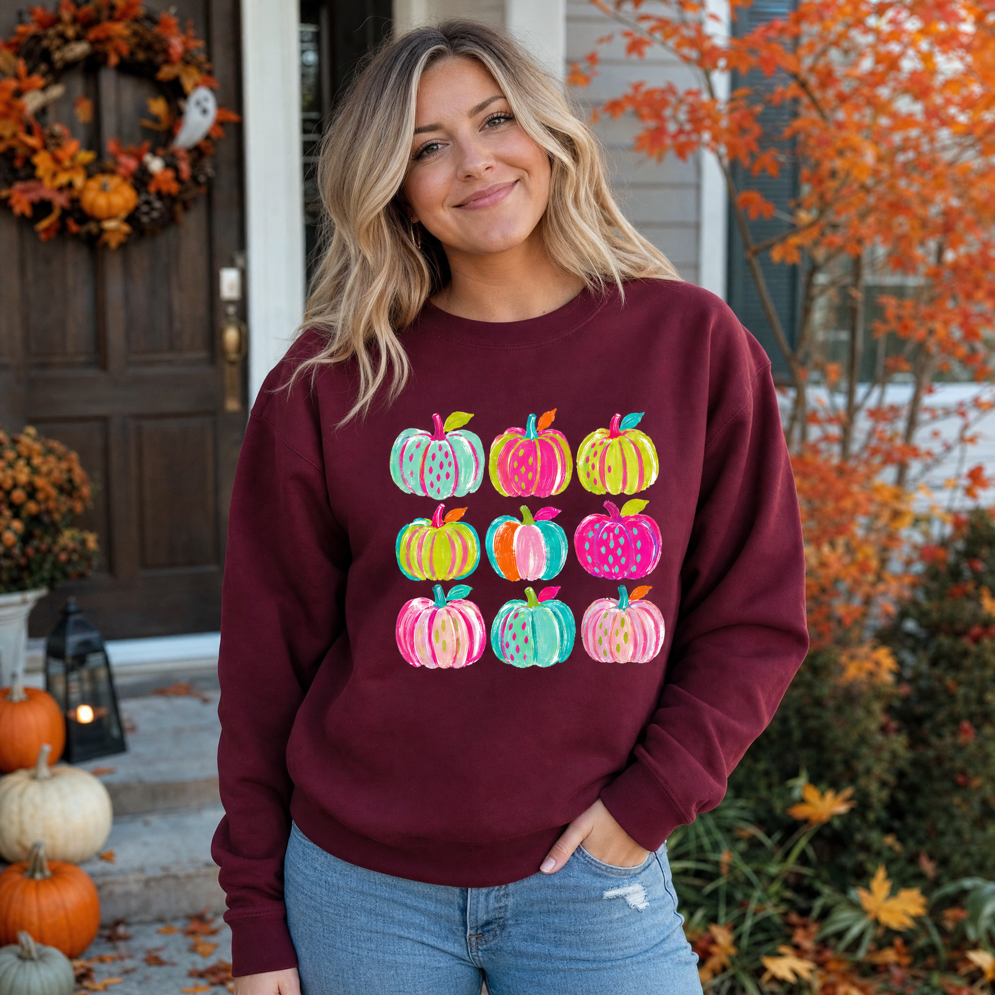 Model wearing the Brushstroke Pumpkins sweatshirt in Maroon