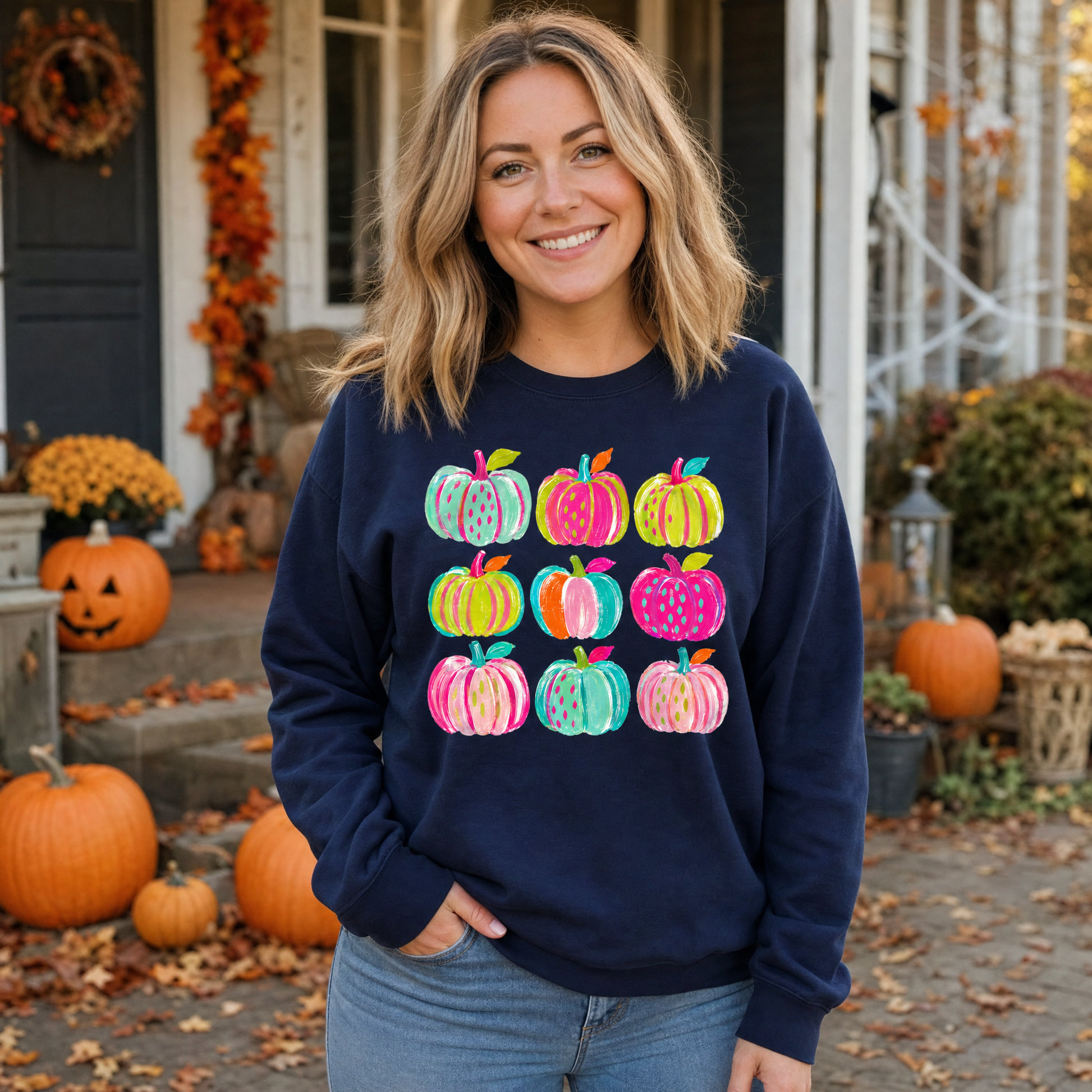 Model wearing the Brushstroke Pumpkins sweatshirt in Navy