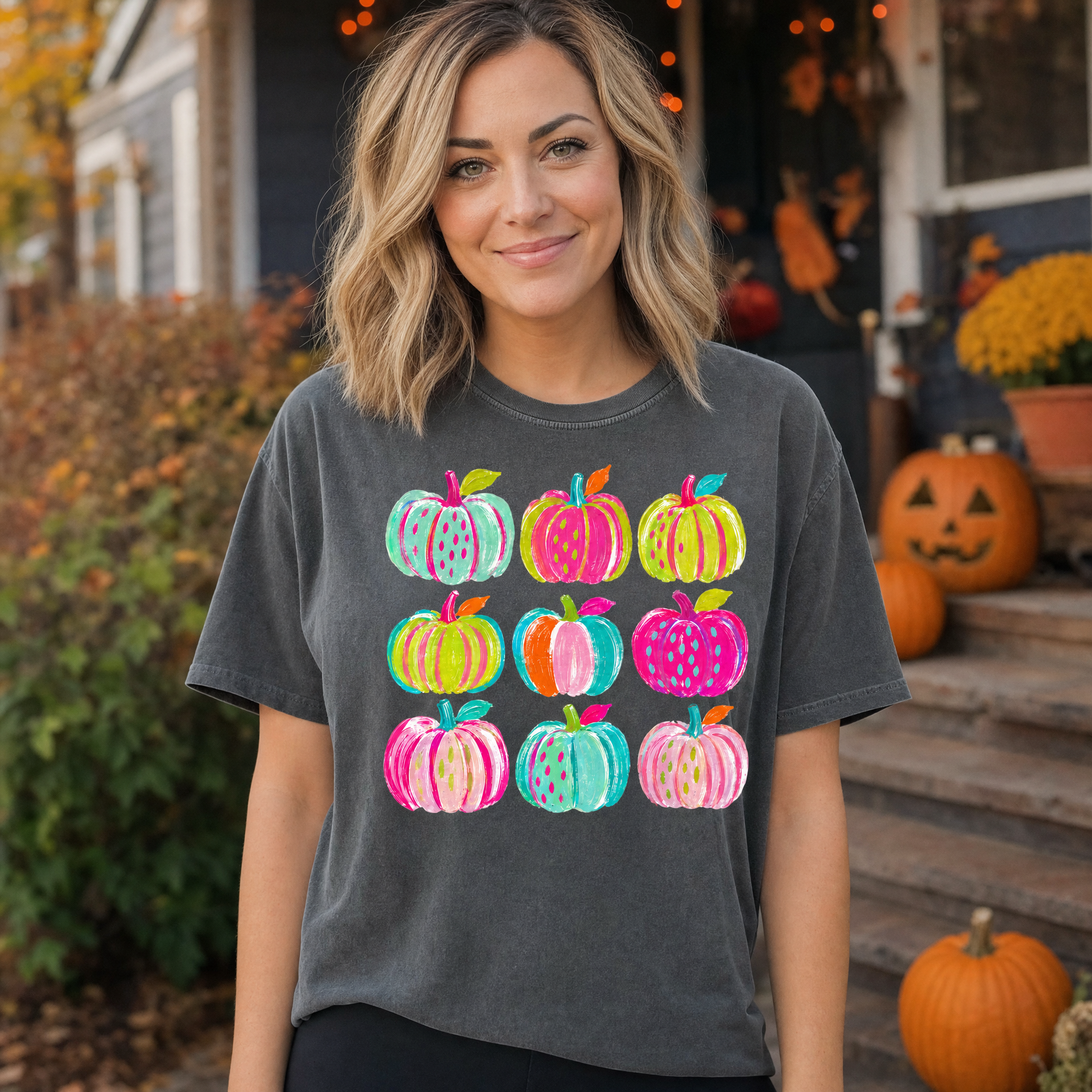 Model wearing the Brushstroke Pumpkins comfort colors tee in Pepper