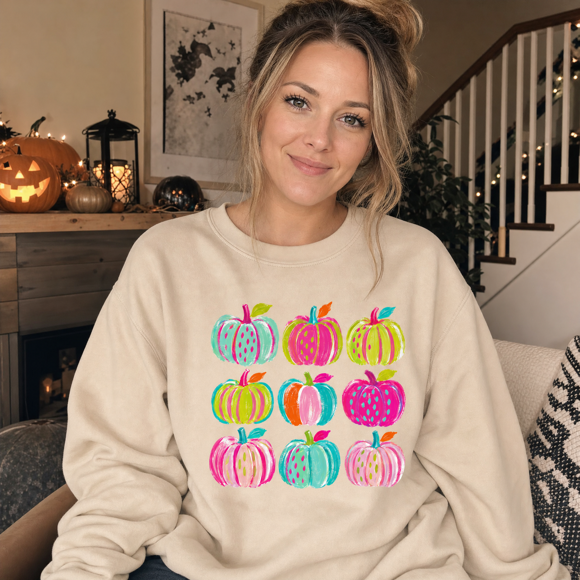 Model wearing the Brushstroke Pumpkins sweatshirt in Sand