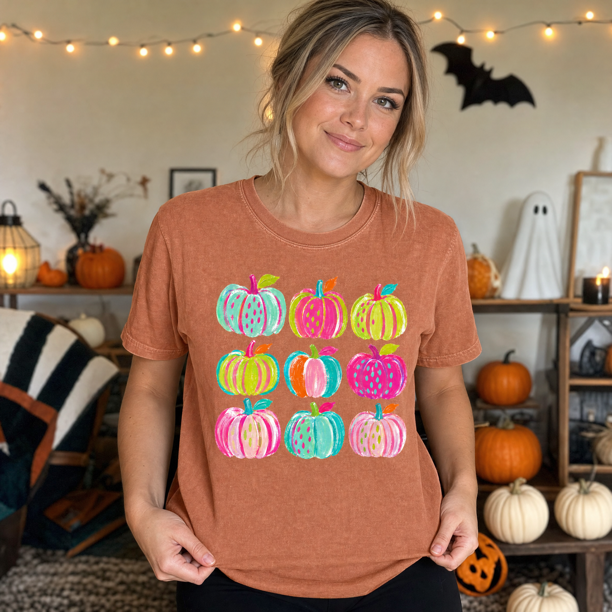 Model wearing the Brushstroke Pumpkins comfort colors tee in Yam