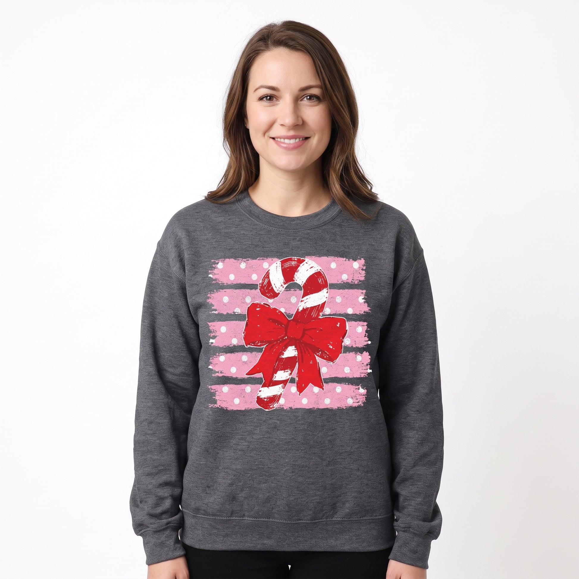 Model wearing the Candy Cane sweatshirt in Dark Heather, cover image 1