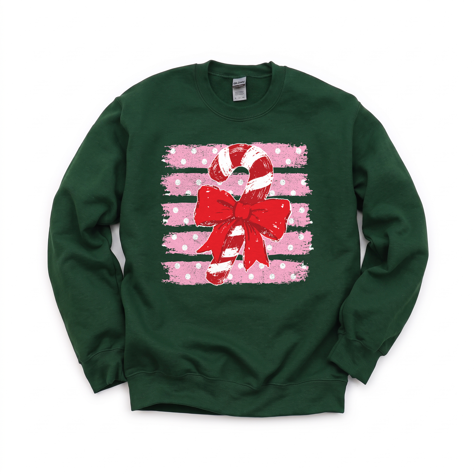 Candy Cane graphic on Gildan 18000 in Forest Green