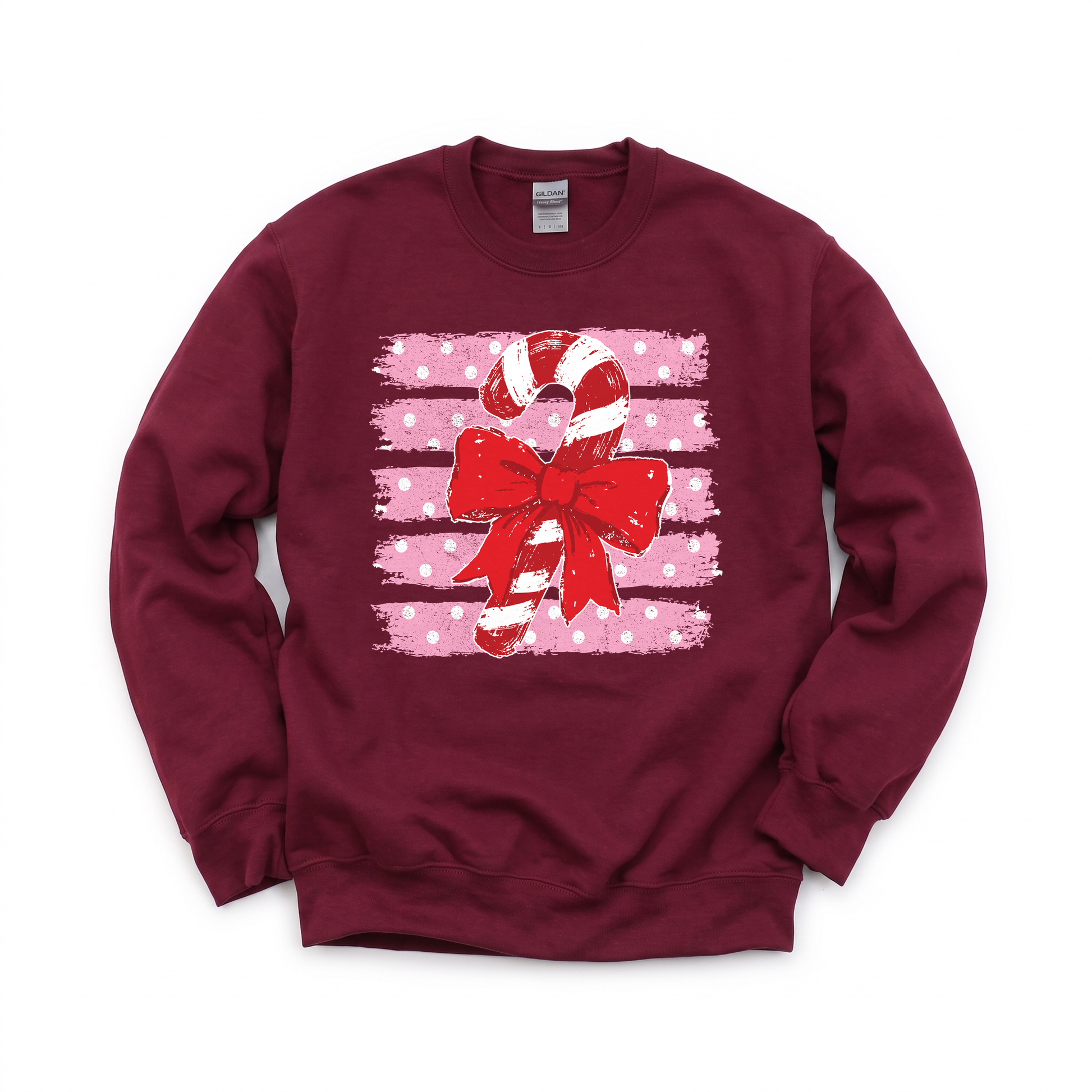 Candy Cane graphic on Gildan 18000 in Maroon