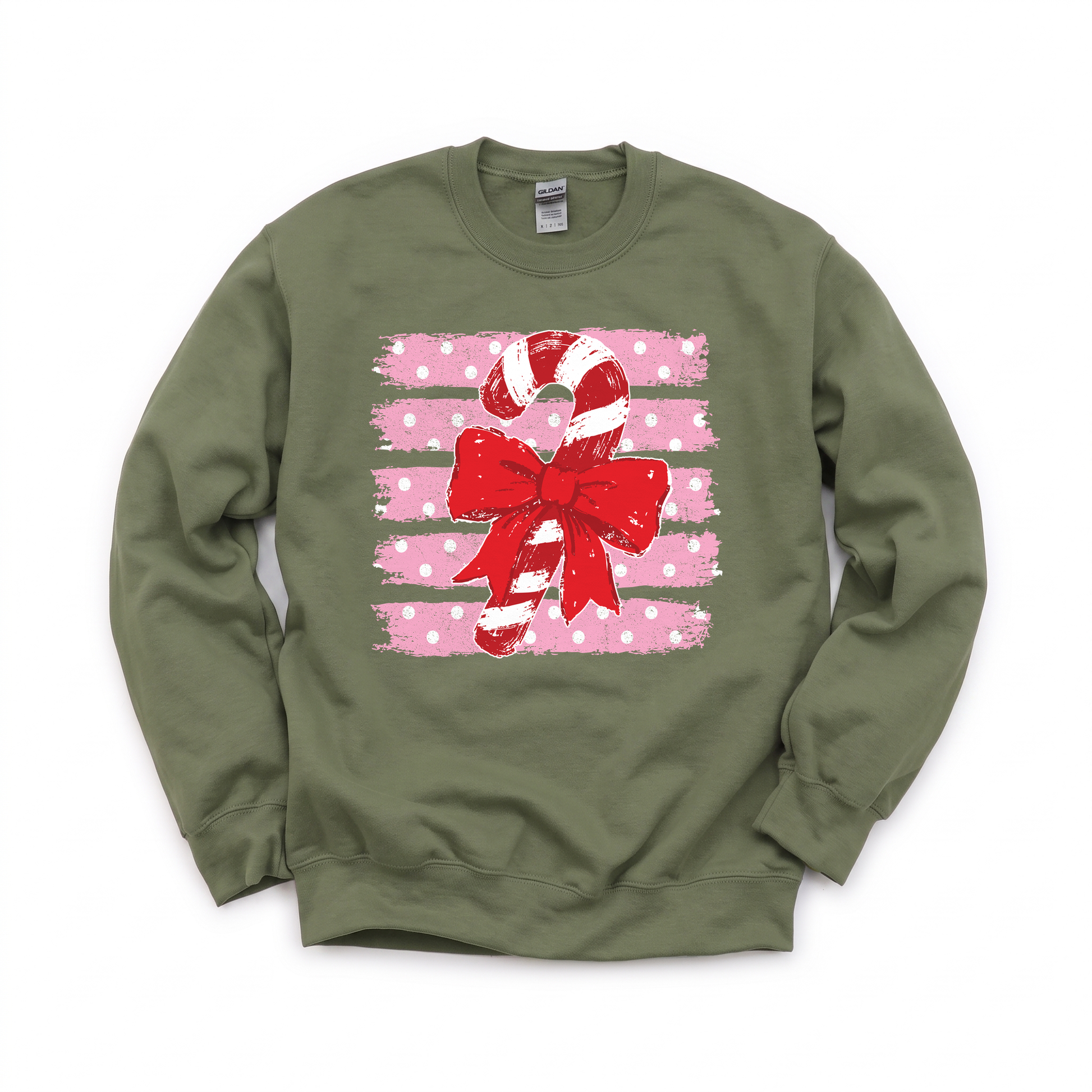 Candy Cane graphic on Gildan 18000 in Military Green