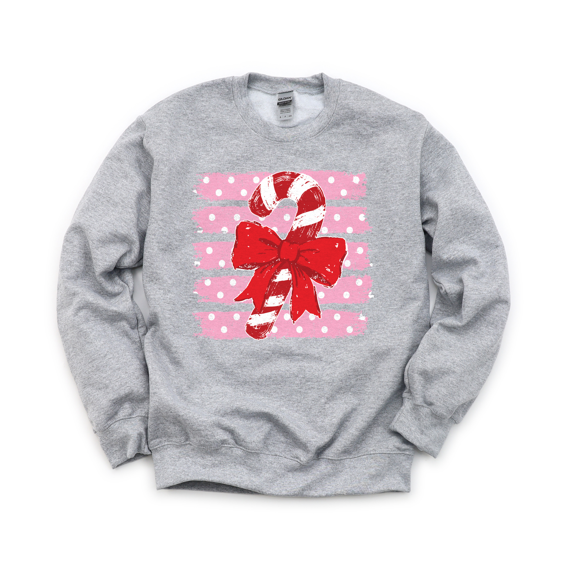 Candy Cane graphic on Gildan 18000B Youth Heavy Blend Sweatshirt in Sport Grey