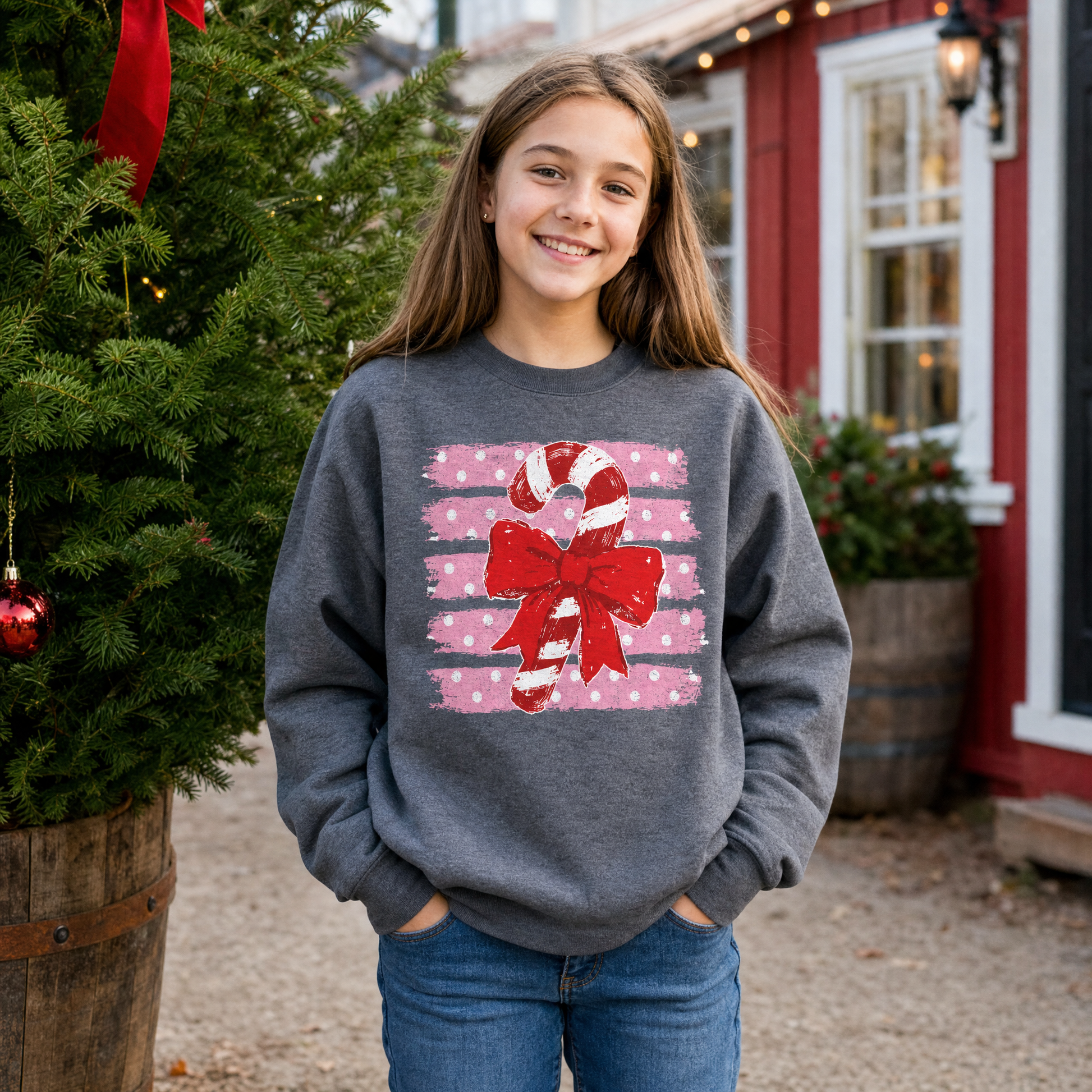 Model wearing the Candy Cane youth sweatshirt in Dark Heather