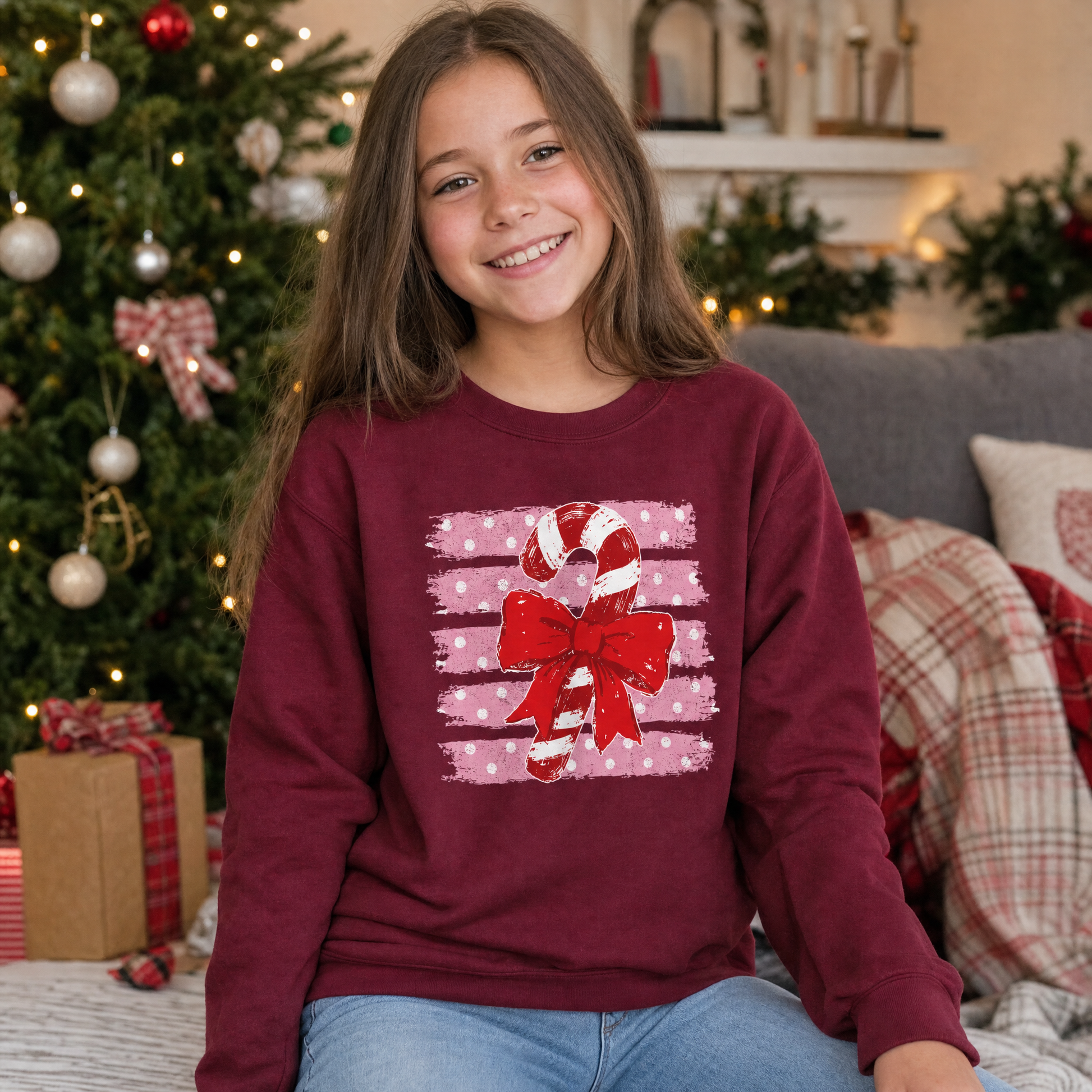 Model wearing the Candy Cane youth sweatshirt in Maroon, lifestyle image 1