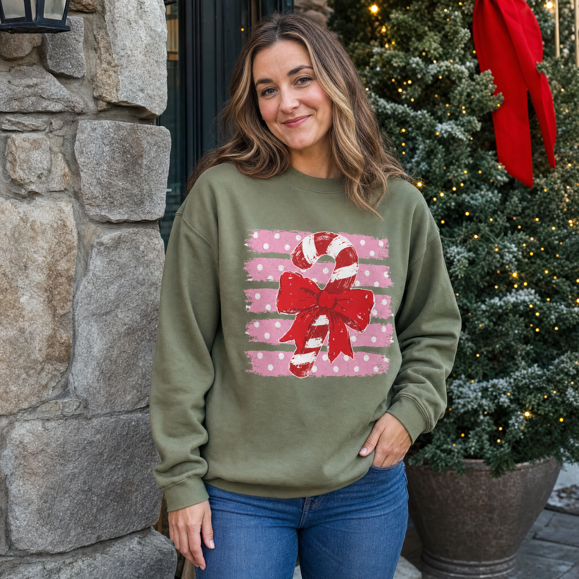 Model wearing the Candy Cane sweatshirt in Military Green
