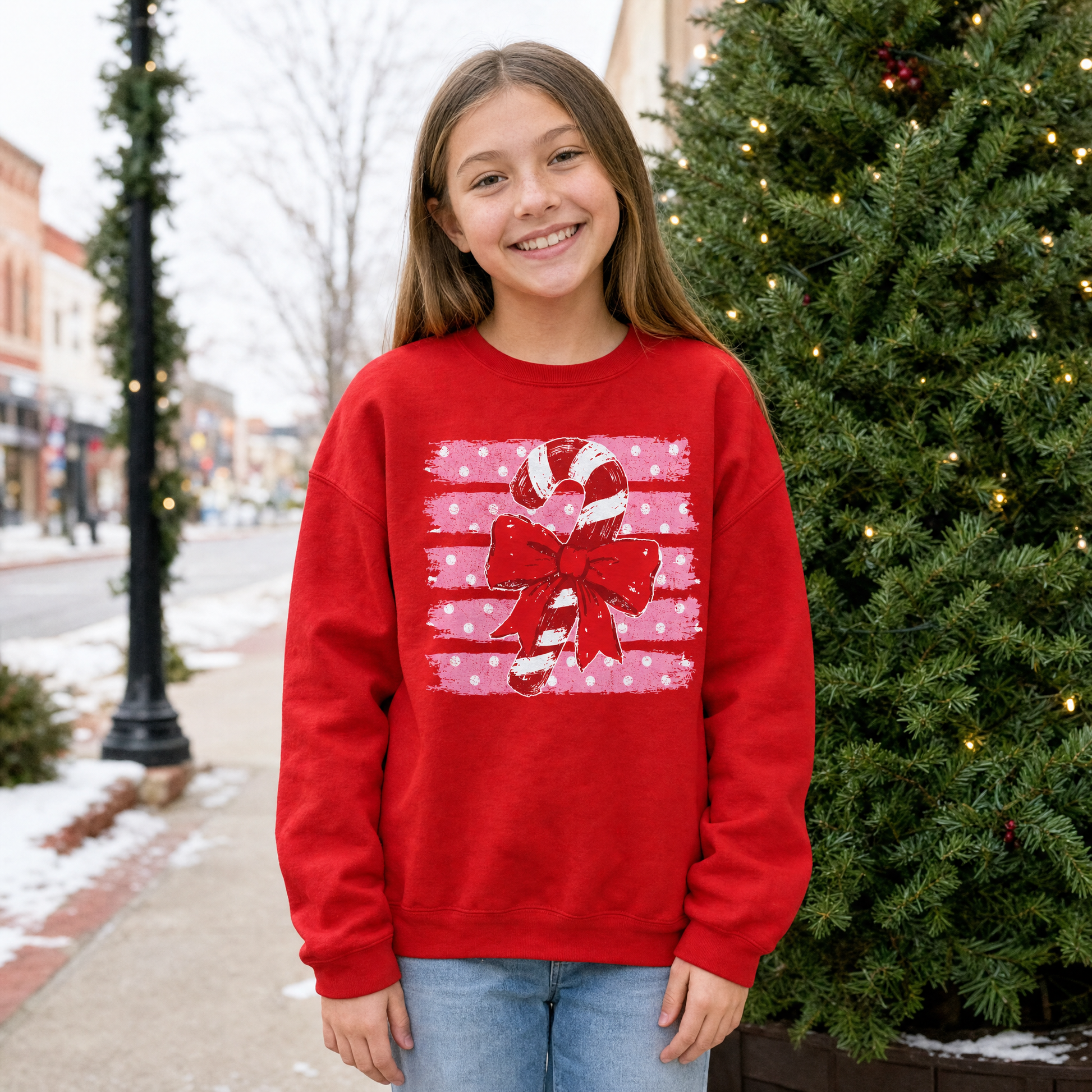 Model wearing the Candy Cane youth sweatshirt in Red