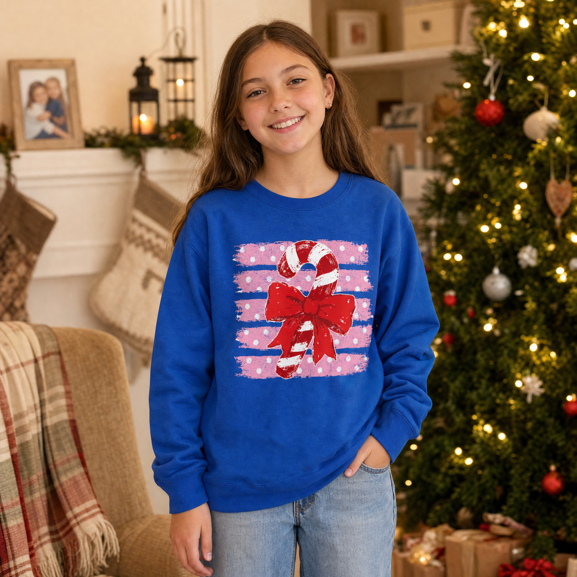 Model wearing the Candy Cane youth sweatshirt in Royal
