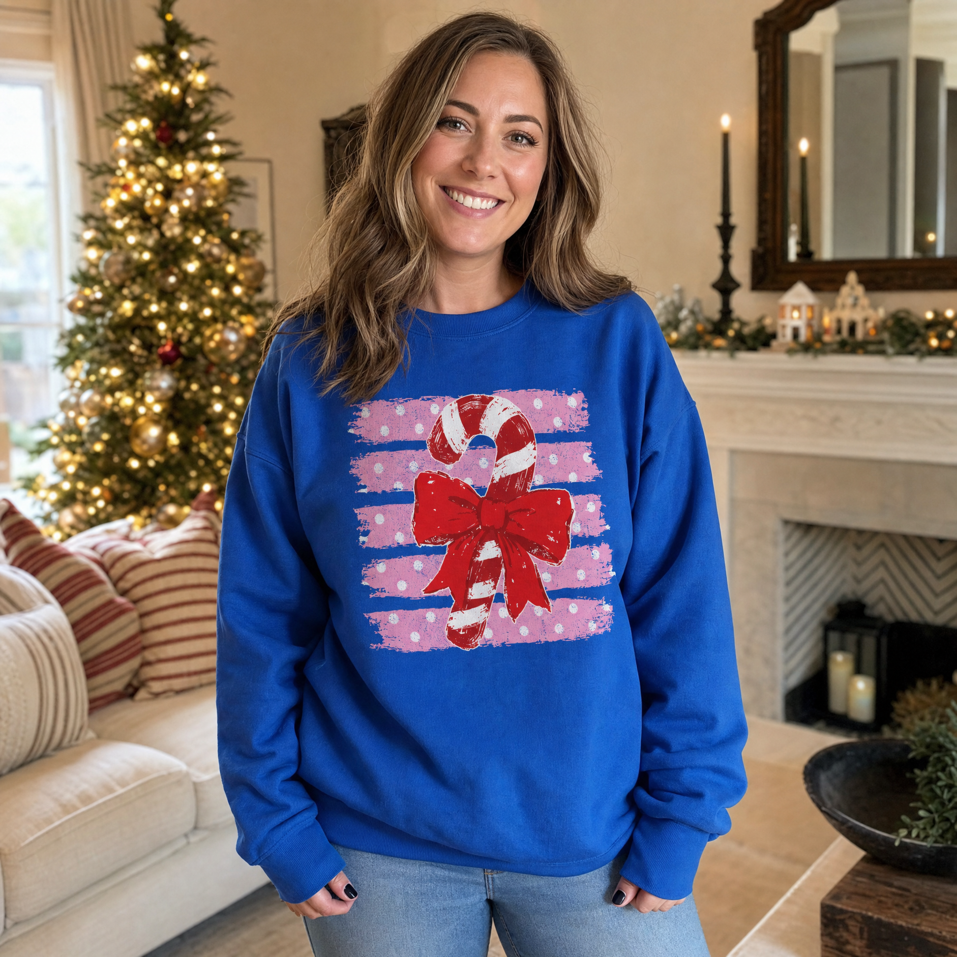 Model wearing the Candy Cane sweatshirt in Royal