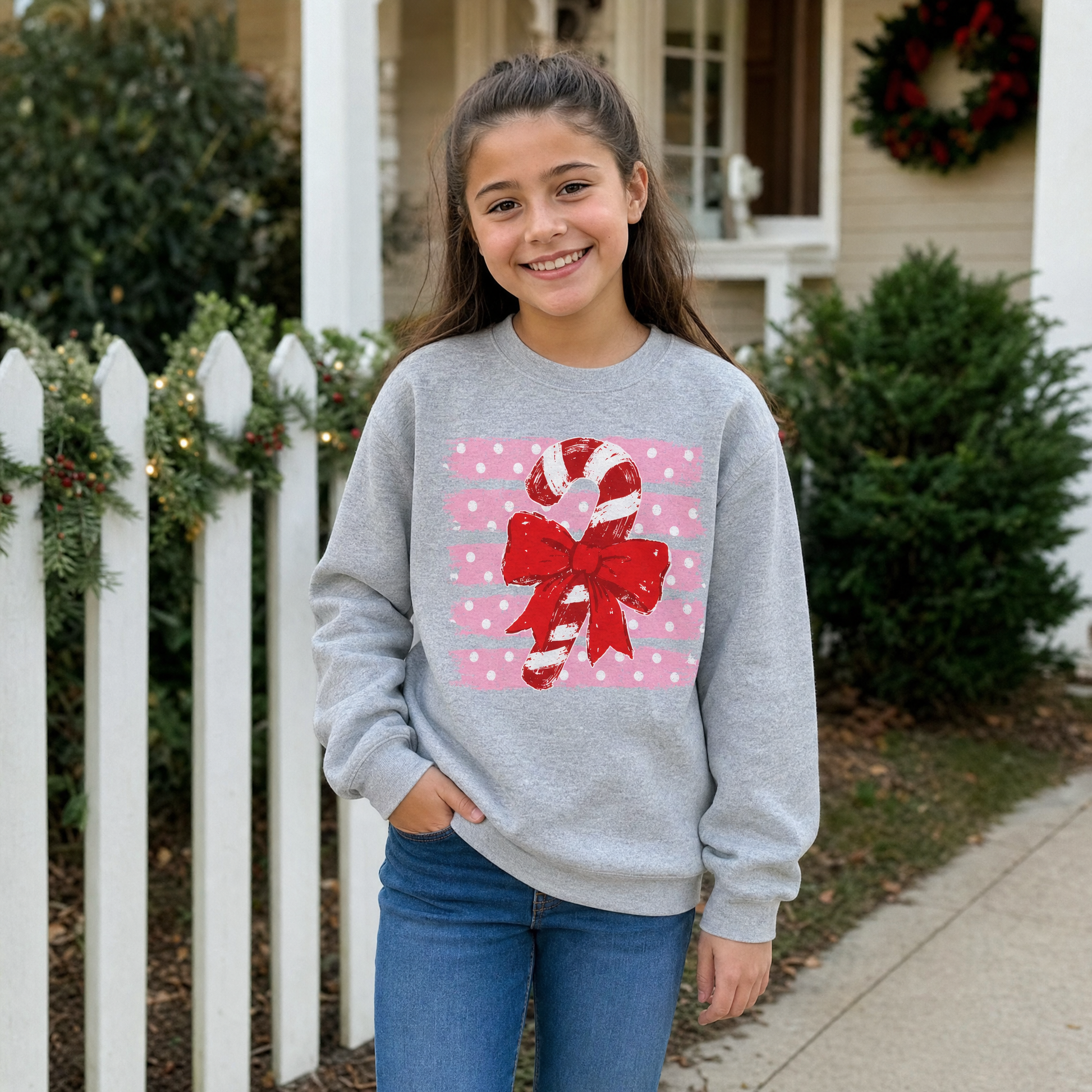 Model wearing the Candy Cane youth sweatshirt in Sport Grey