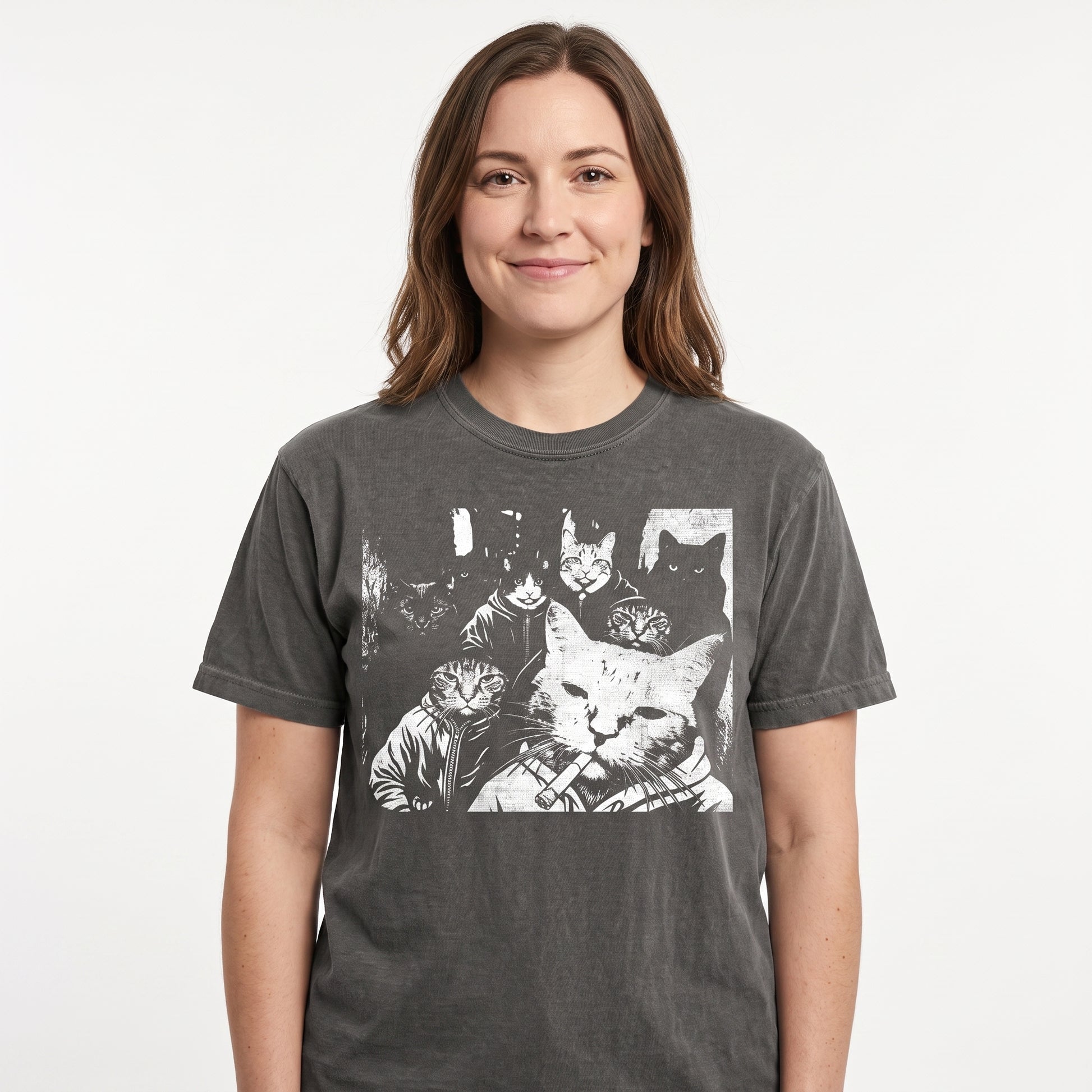 Model wearing the Cat Gang in Hoodies comfort colors tee in Pepper