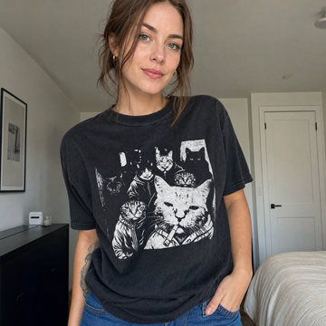 Model wearing the Cat Gang in Hoodies comfort colors tee in Black