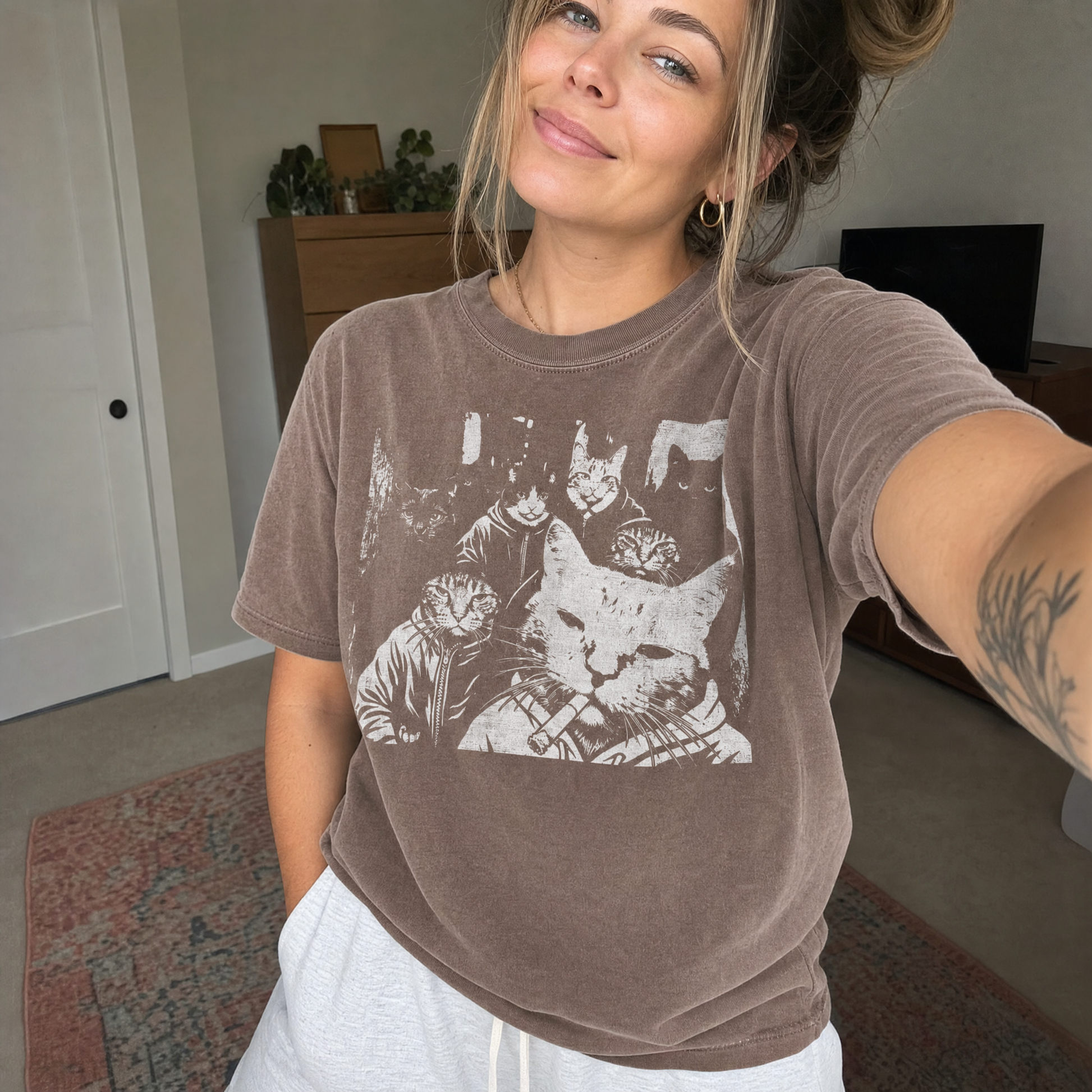 Model wearing the Cat Gang in Hoodies comfort colors tee in Espresso