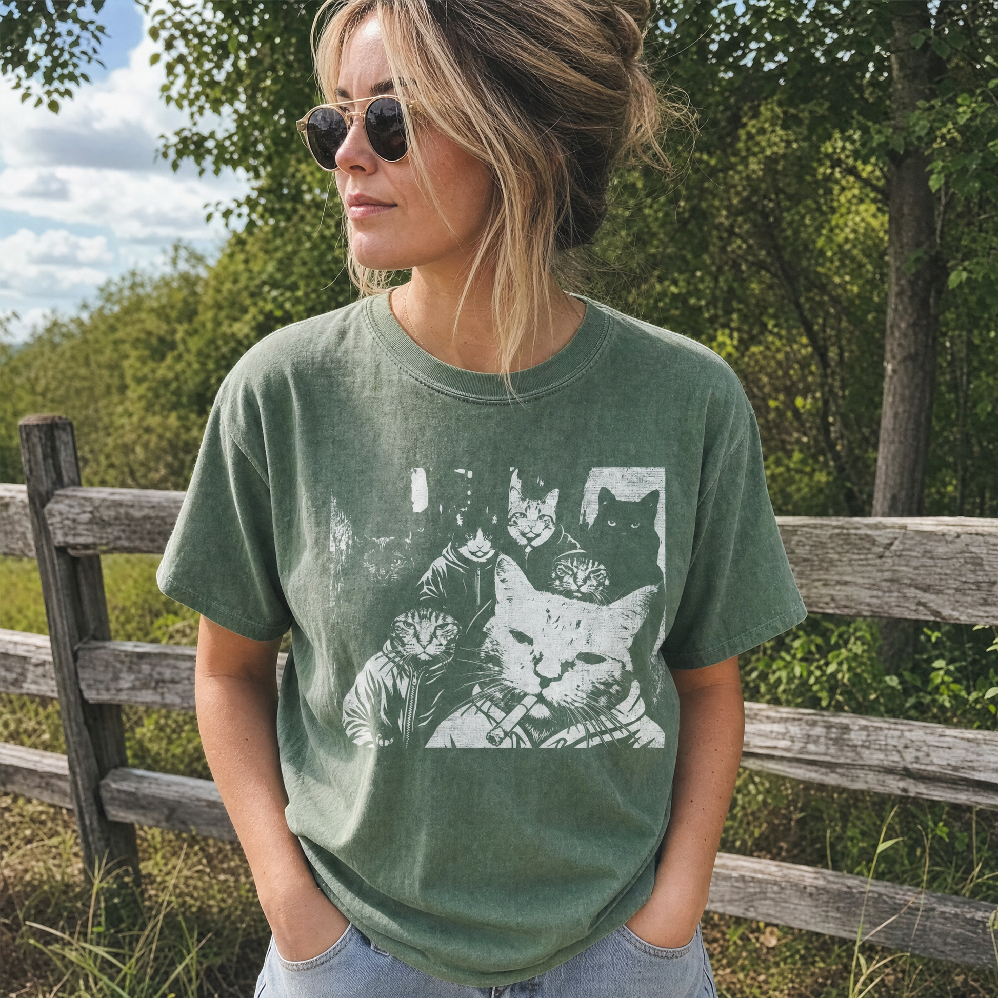 Model wearing the Cat Gang in Hoodies comfort colors tee in Moss