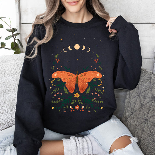 Celestial Garden Tale, Moth, Moon, and Flowers Sweatshirt