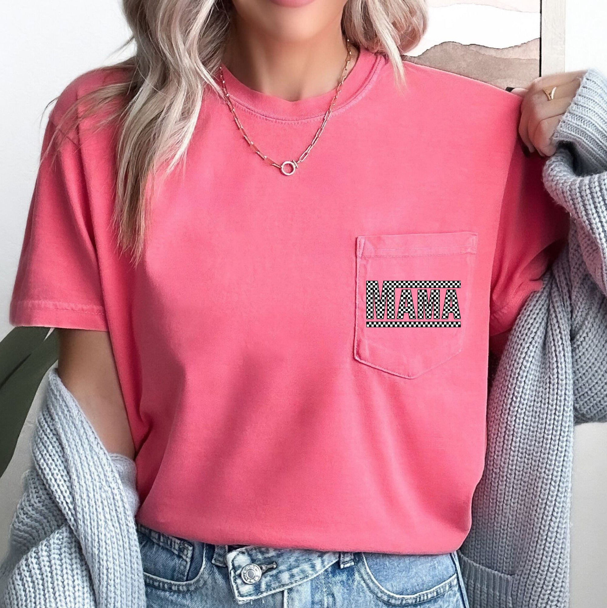 Checkered Mama, Retro, Pocket Tee Comfort Colors T-Shirt