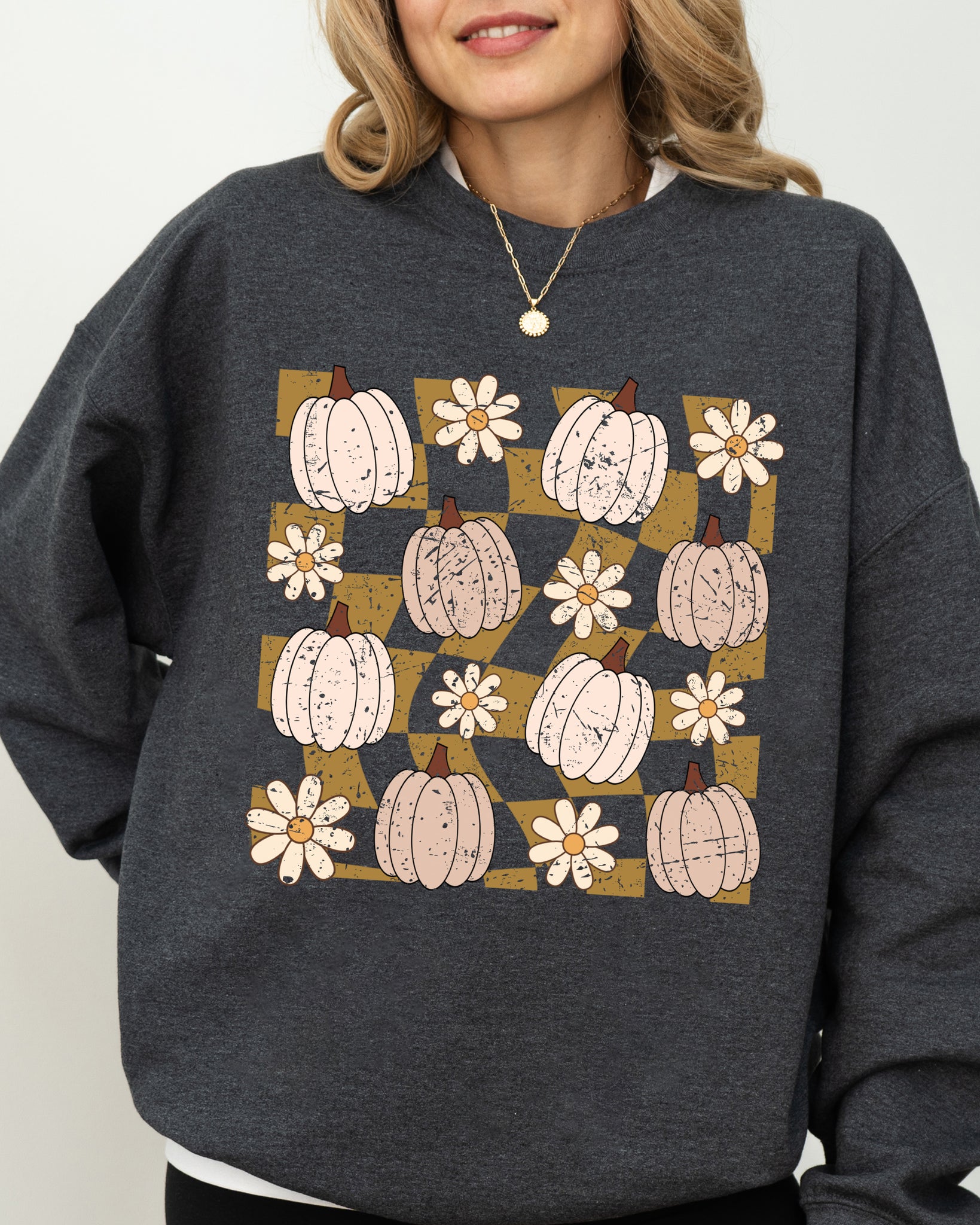Checkered Pumpkins, Daisies, Flowers, Cute, Retro, Hippie, Positivity, Halloween, Autumn, Fall Sweatshirt