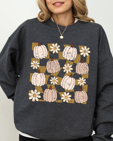 Checkered Pumpkins, Daisies, Flowers, Cute, Retro, Hippie, Positivity, Halloween, Autumn, Fall Sweatshirt