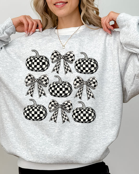 Checkered Retro Pumpkins, Coquette Ribbons, Bows, Halloween, Autumn, Fall Sweatshirt