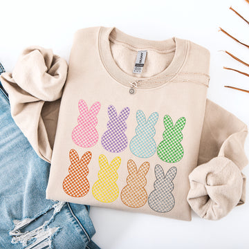 Checkered, Faux Glitter Bunnies, Easter, Bunny, Jesus, Rabbit, Holiday Sweatshirt