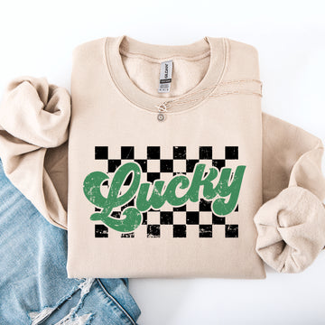 Checkered, Lucky, Retro, Vintage, St Patrick's Day, Shamrock, Clover, Lucky, Leprechaun Sweatshirt
