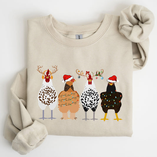 Christmas Chickens In A Row, Chicken Lovers, Santa, Farm Life, Winter, Snow, Xmas Sweatshirt