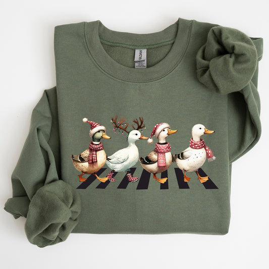 Christmas Ducks, Farm Animals, Crossing Road, Santa, Winter, Snow, Xmas Sweatshirt