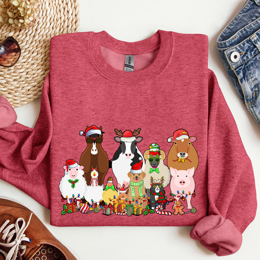 Christmas Farm Animals, Farm Life, Cow, Sheep, Horse, Chicken, Cat, Dog Sweatshirt