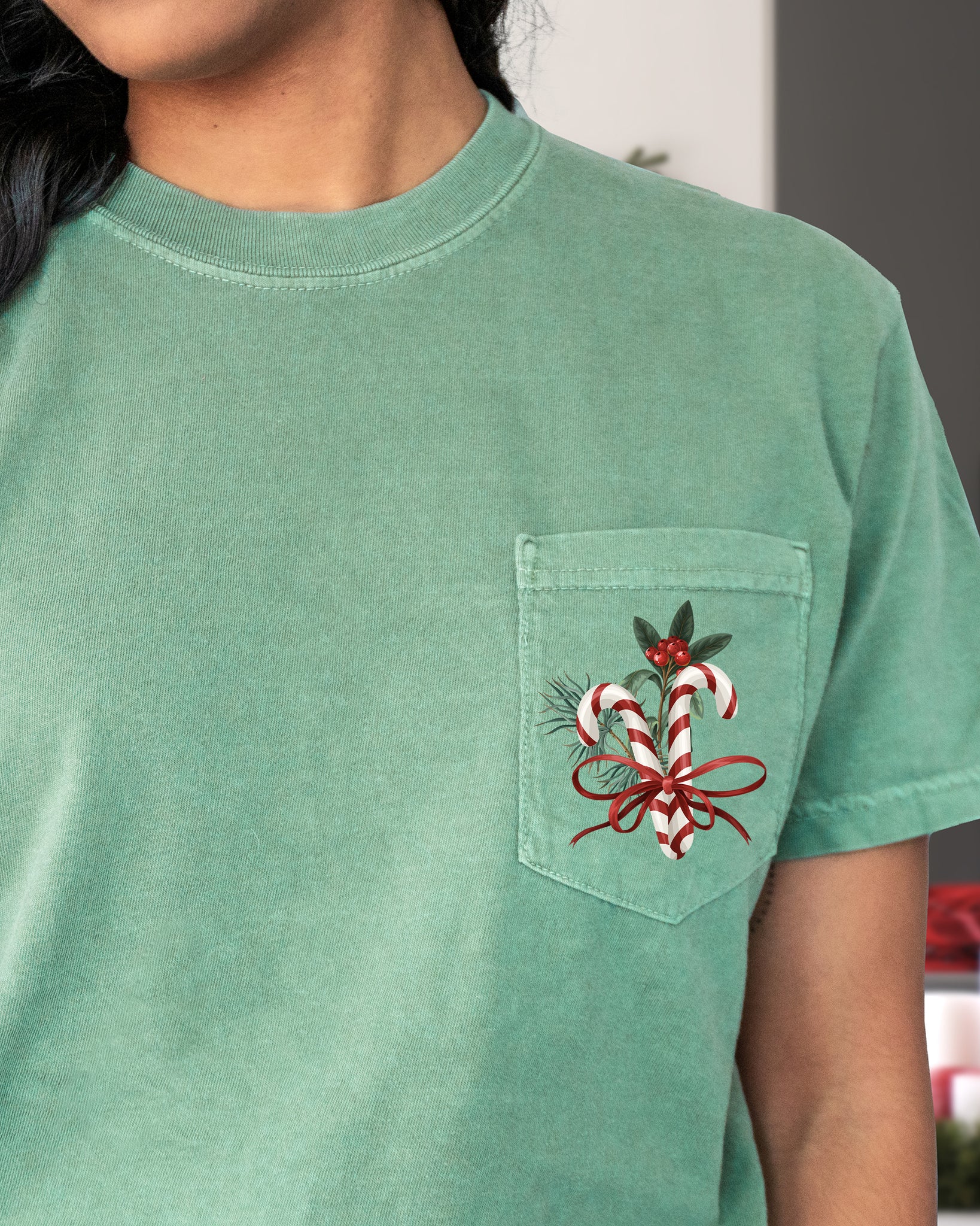 Christmas Flowers, Pocket, Candy Cane, Ribbon, Floral, Mistle Toe, Winter, Snow, Botanical, Xmas Pocket Tee Comfort Colors T-Shirt