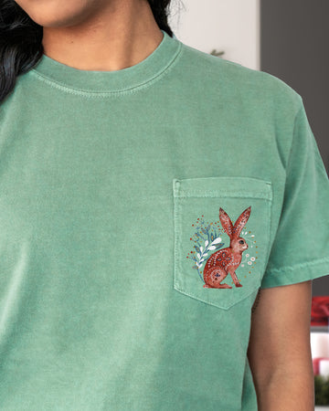 Christmas Rabbit, Pocket, Folk Art, Santa, Winter, Snow, Xmas, Flowers, Floral Pocket Tee Comfort Colors T-Shirt