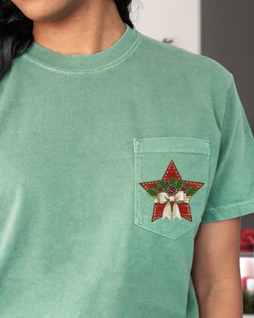 Christmas Star, Pocket, Pine Cones, Ribbon, Winter, Snow, Country, Santa, Xmas Pocket Tee Comfort Colors T-Shirt