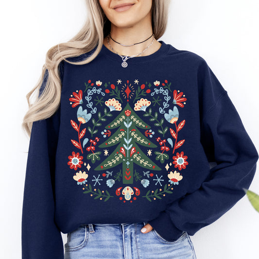 Christmas Tree Folk Art, Scandinavian, Classic, Santa, Floral Sweatshirt