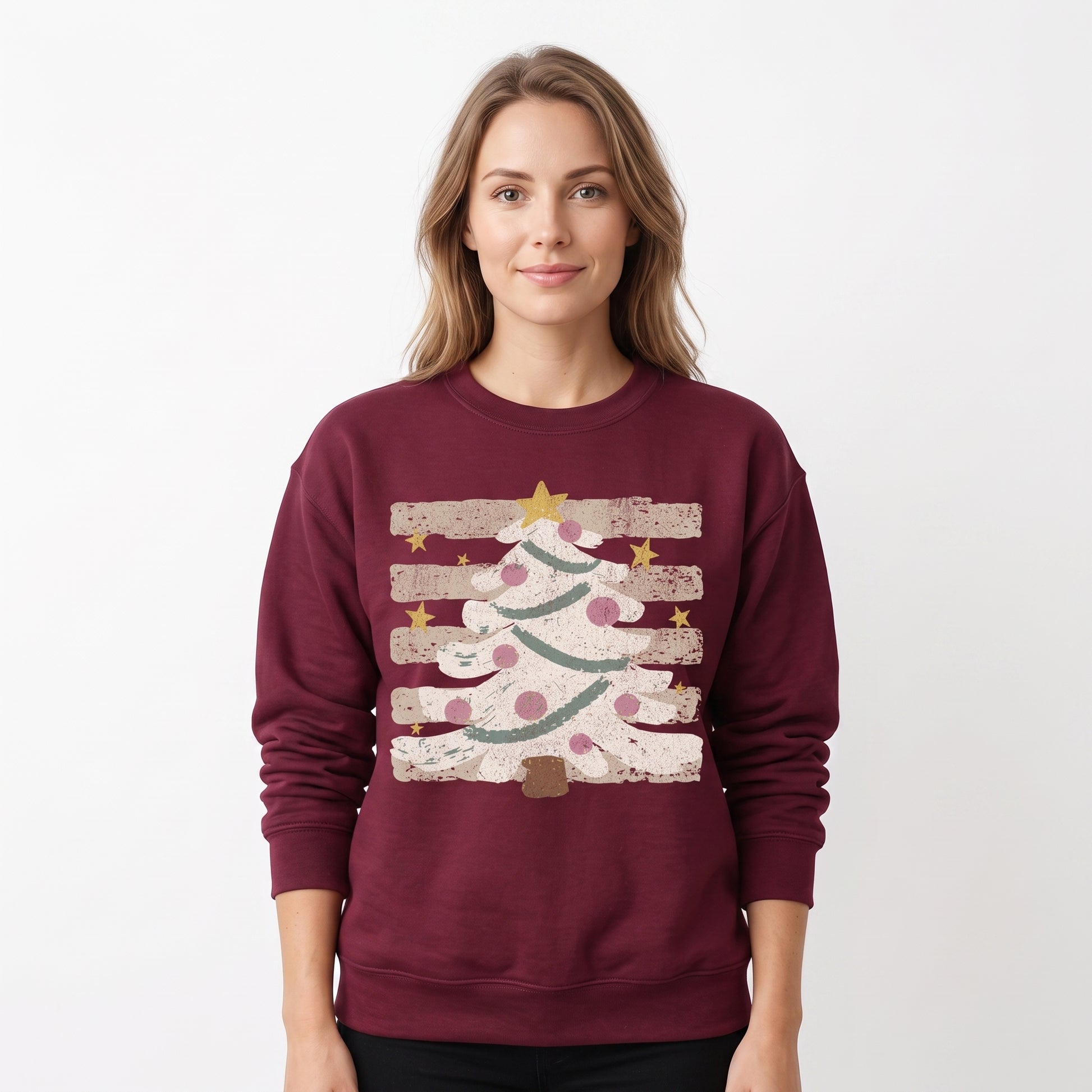 Model wearing the Christmas Tree sweatshirt in Maroon, cover image 1