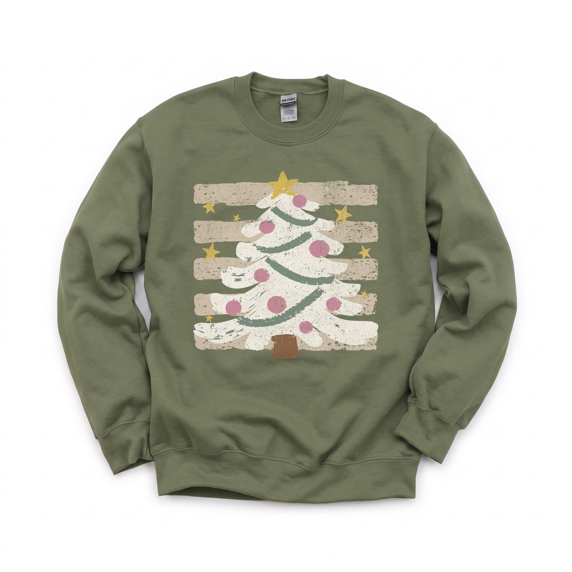 Christmas Tree graphic on Gildan 18000 in Military Green