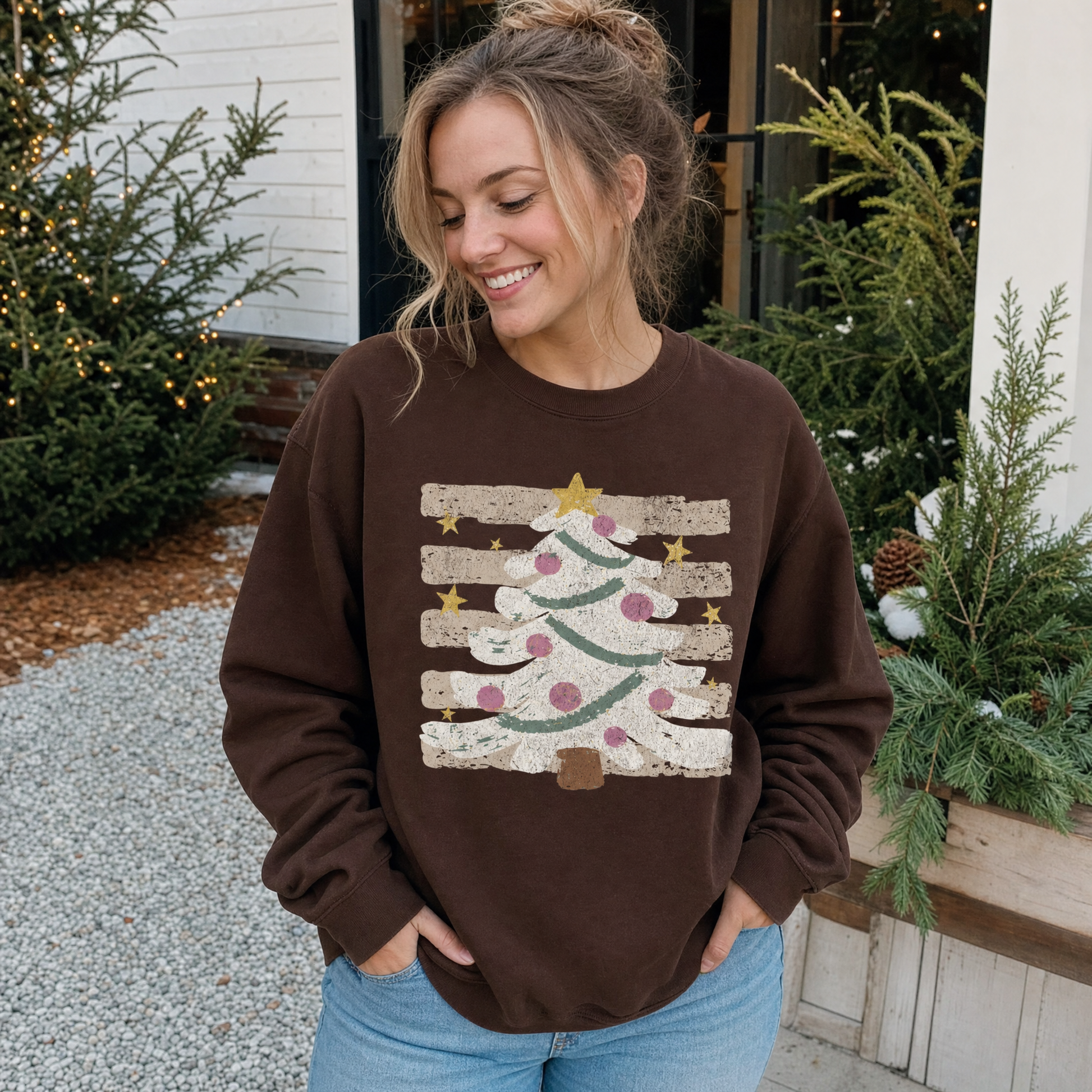 Model wearing the Christmas Tree sweatshirt in Dark Chocolate