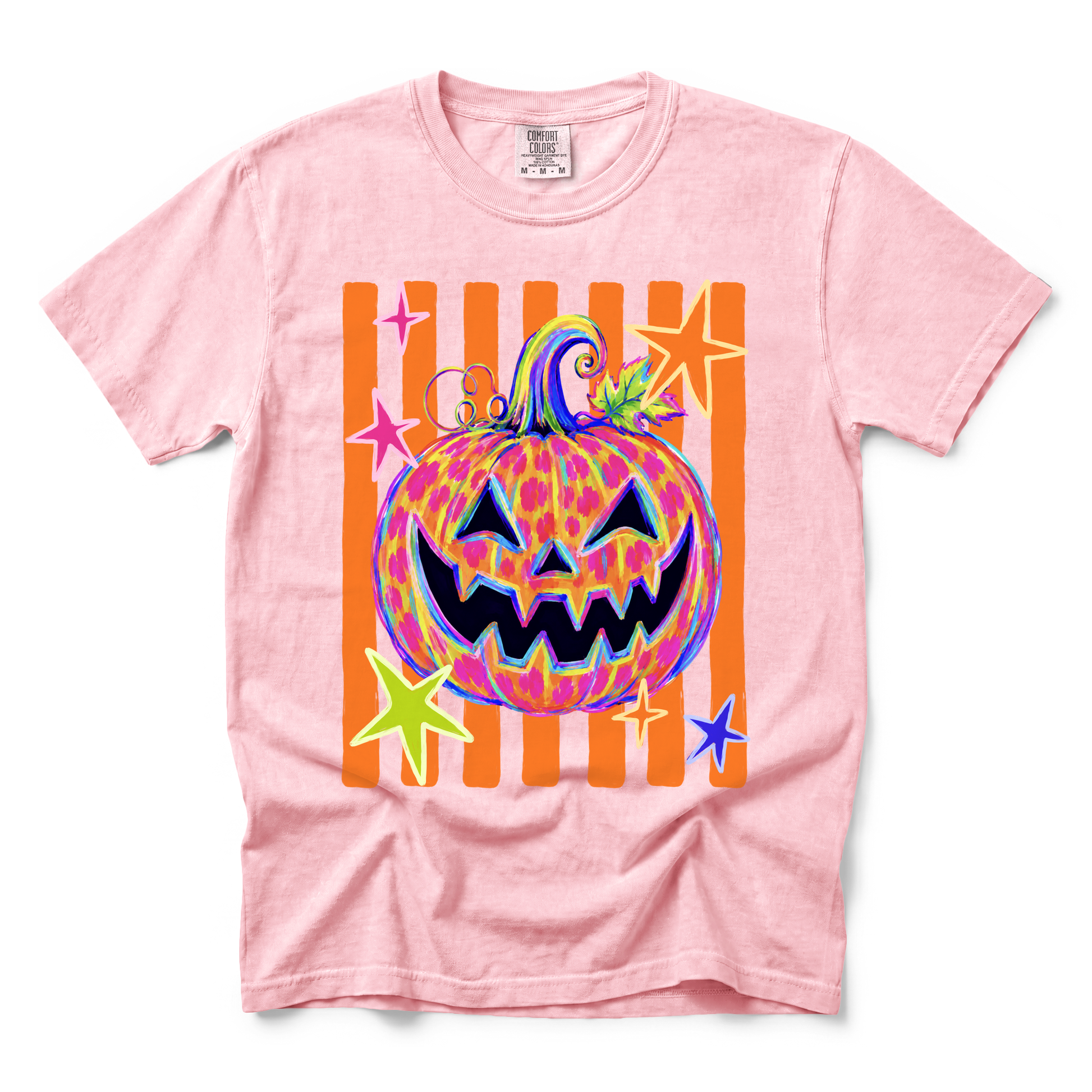 Colorful Jack-o'-lantern graphic on Comfort Colors 9018 Youth Midweight Tee in Blossom