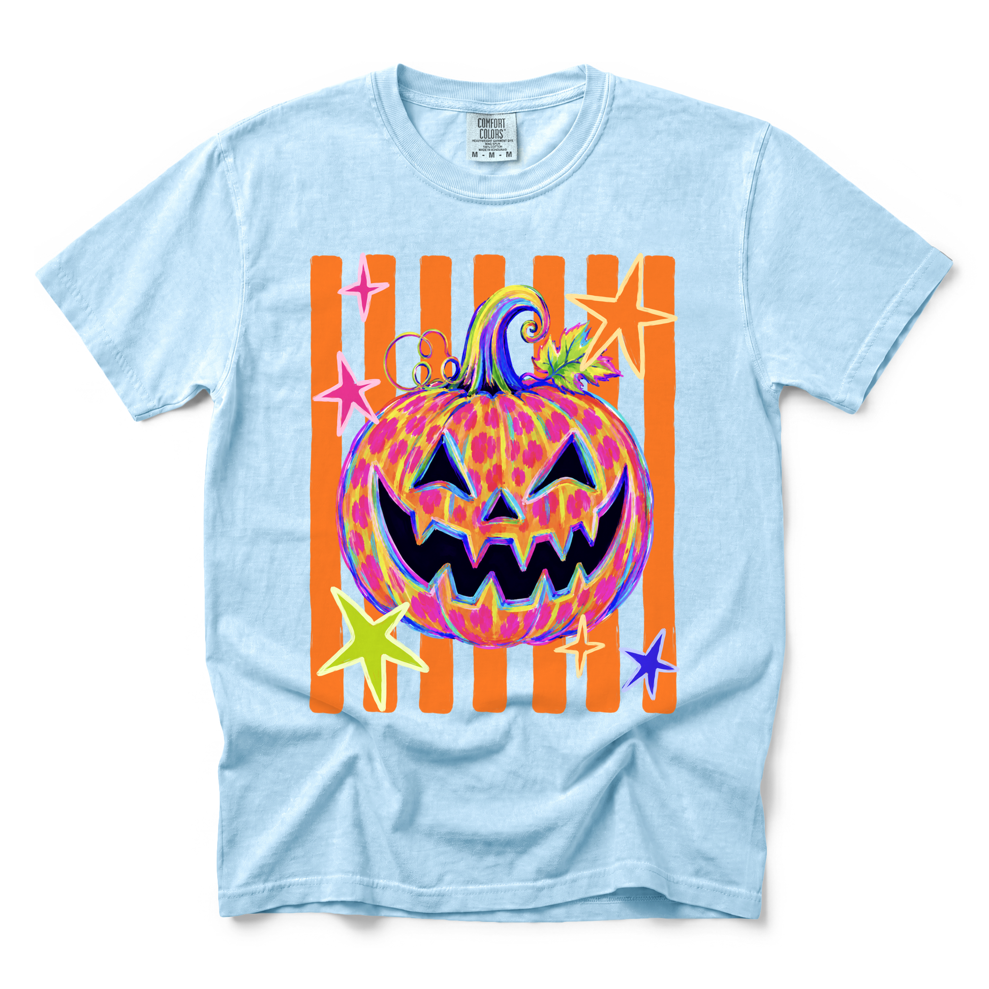 Colorful Jack-o'-lantern graphic on Comfort Colors 9018 Youth Midweight Tee in Chambray