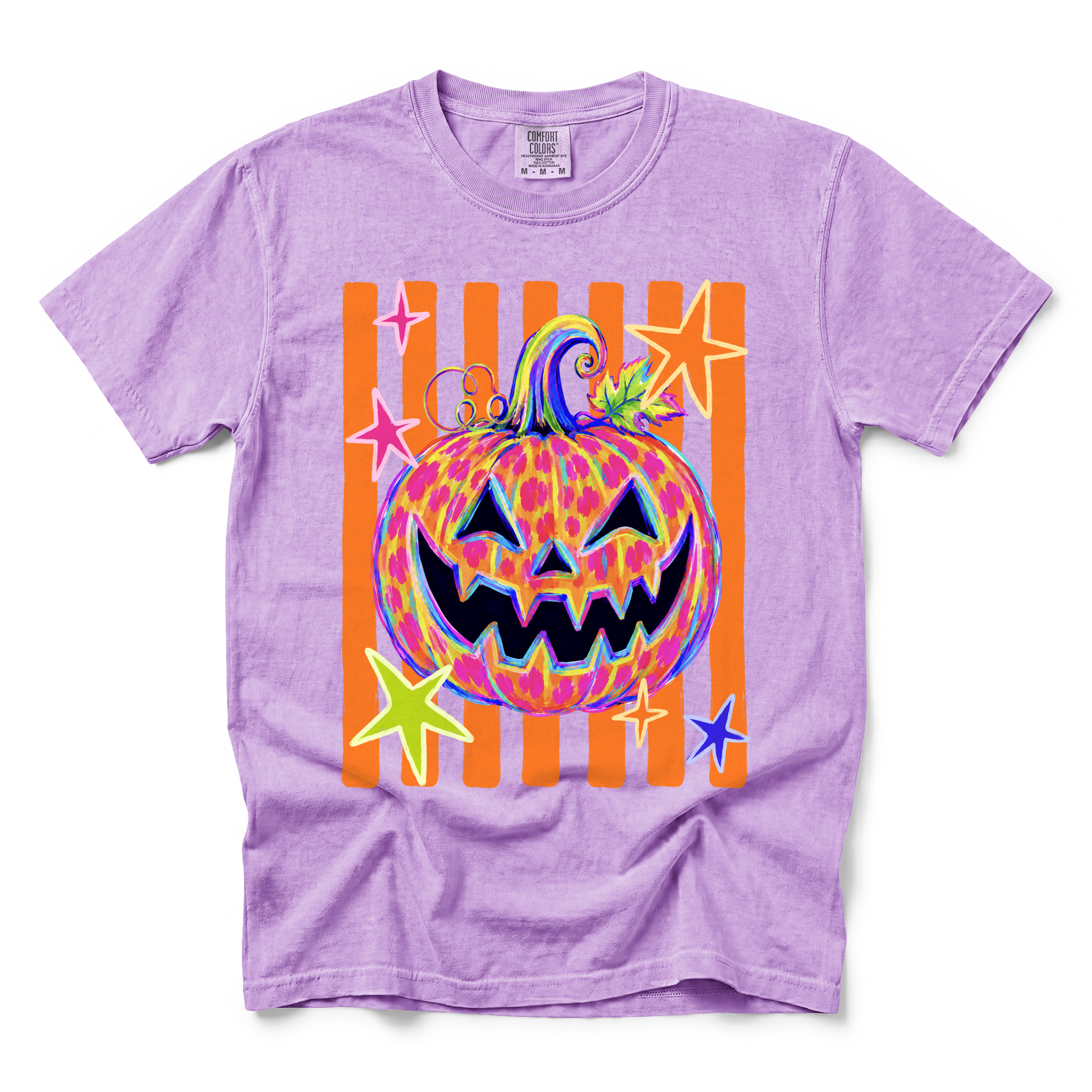Colorful Jack-o'-lantern graphic on Comfort Colors 9018 Youth Midweight Tee in Orchid