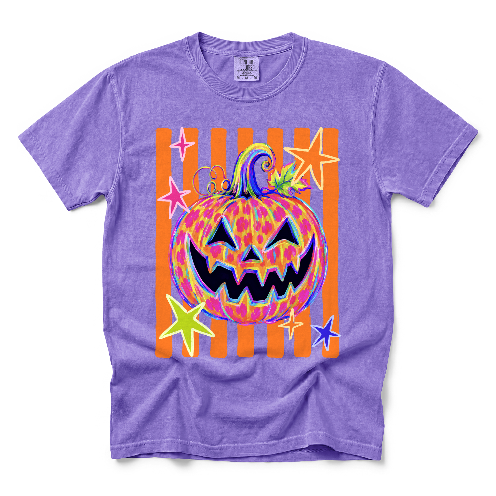 Colorful Jack-o'-lantern graphic on Comfort Colors 9018 Youth Midweight Tee in Violet