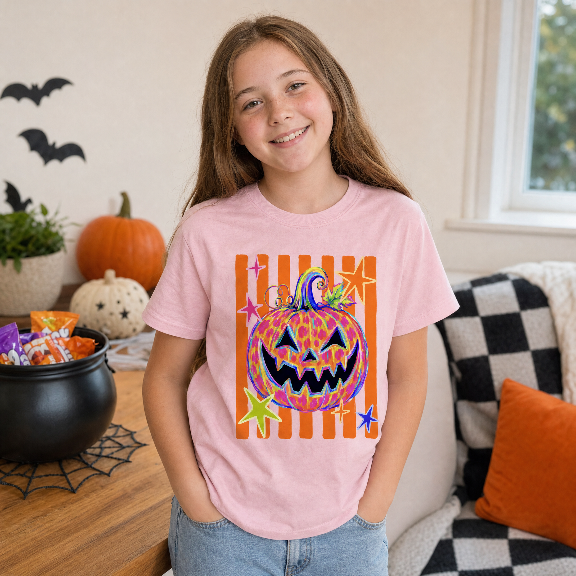 Model wearing the Colorful Jack-o'-lantern youth comfort colors tee in Blossom, lifestyle image 1