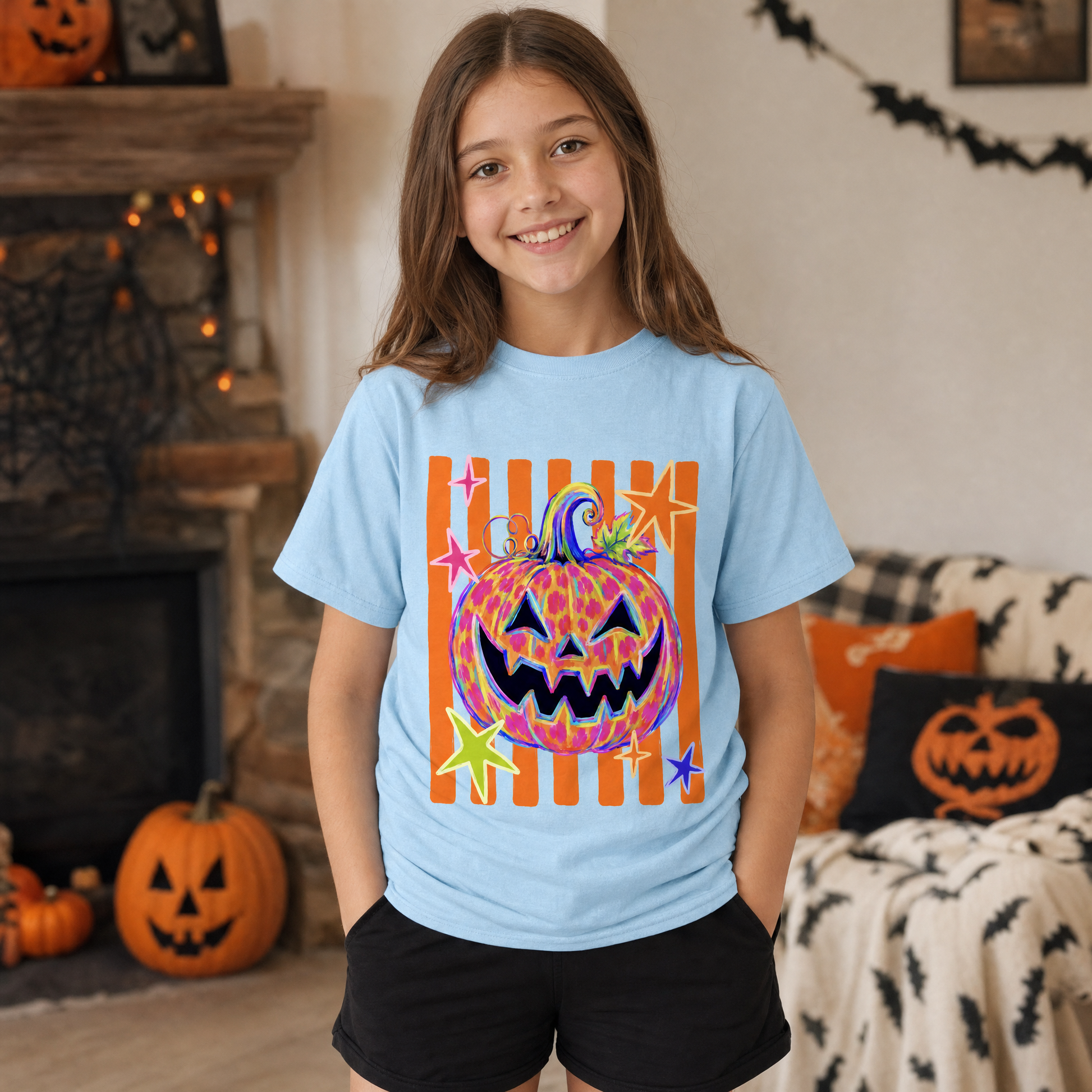 Model wearing the Colorful Jack-o'-lantern youth comfort colors tee in Chambray