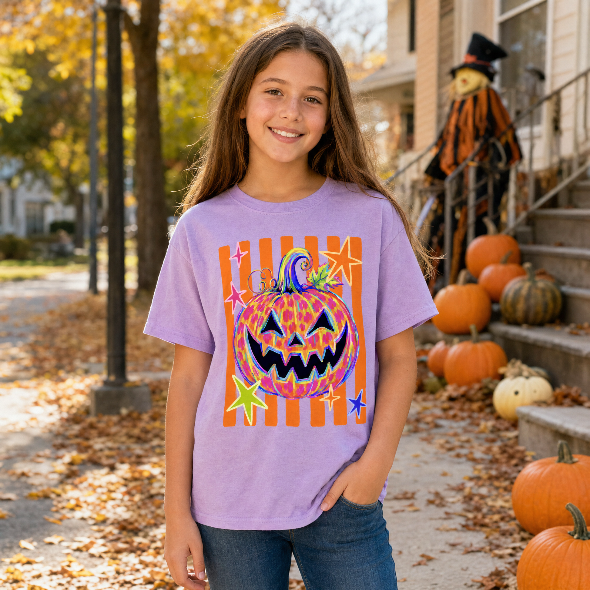 Model wearing the Colorful Jack-o'-lantern youth comfort colors tee in Orchid