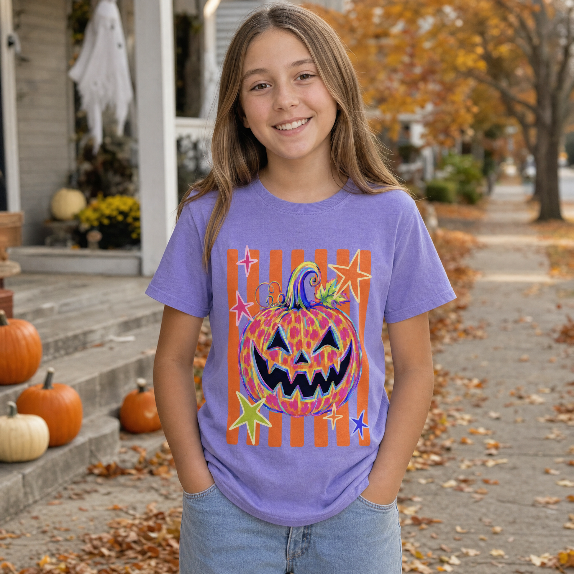 Model wearing the Colorful Jack-o'-lantern youth comfort colors tee in Violet