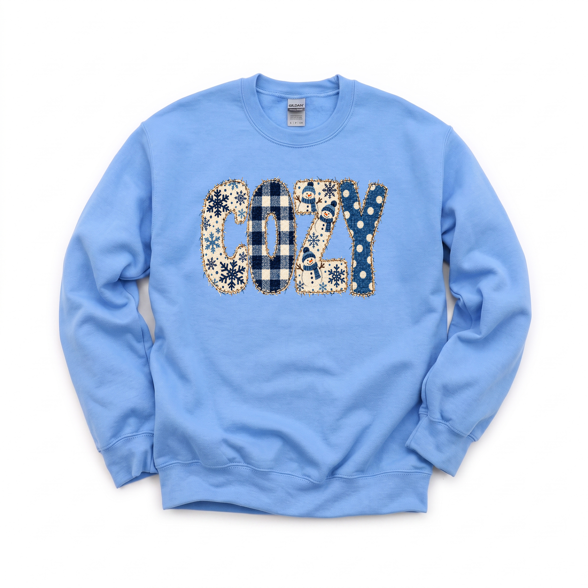 Cozy Snowmen graphic on Gildan 18000 in Carolina Blue