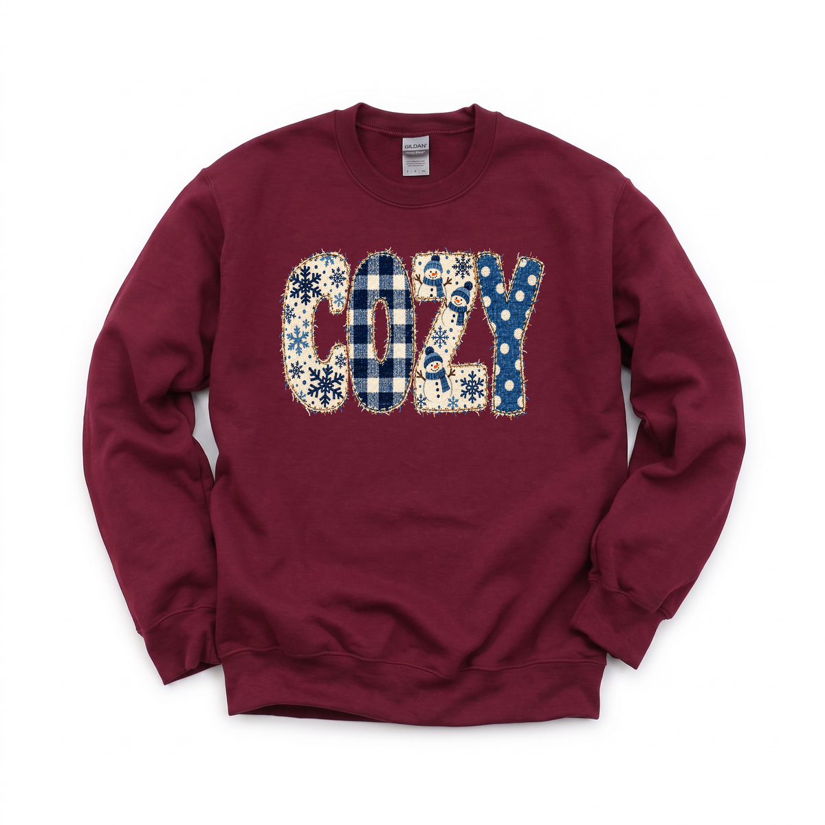 Cozy Snowmen graphic on Gildan 18000 in Maroon