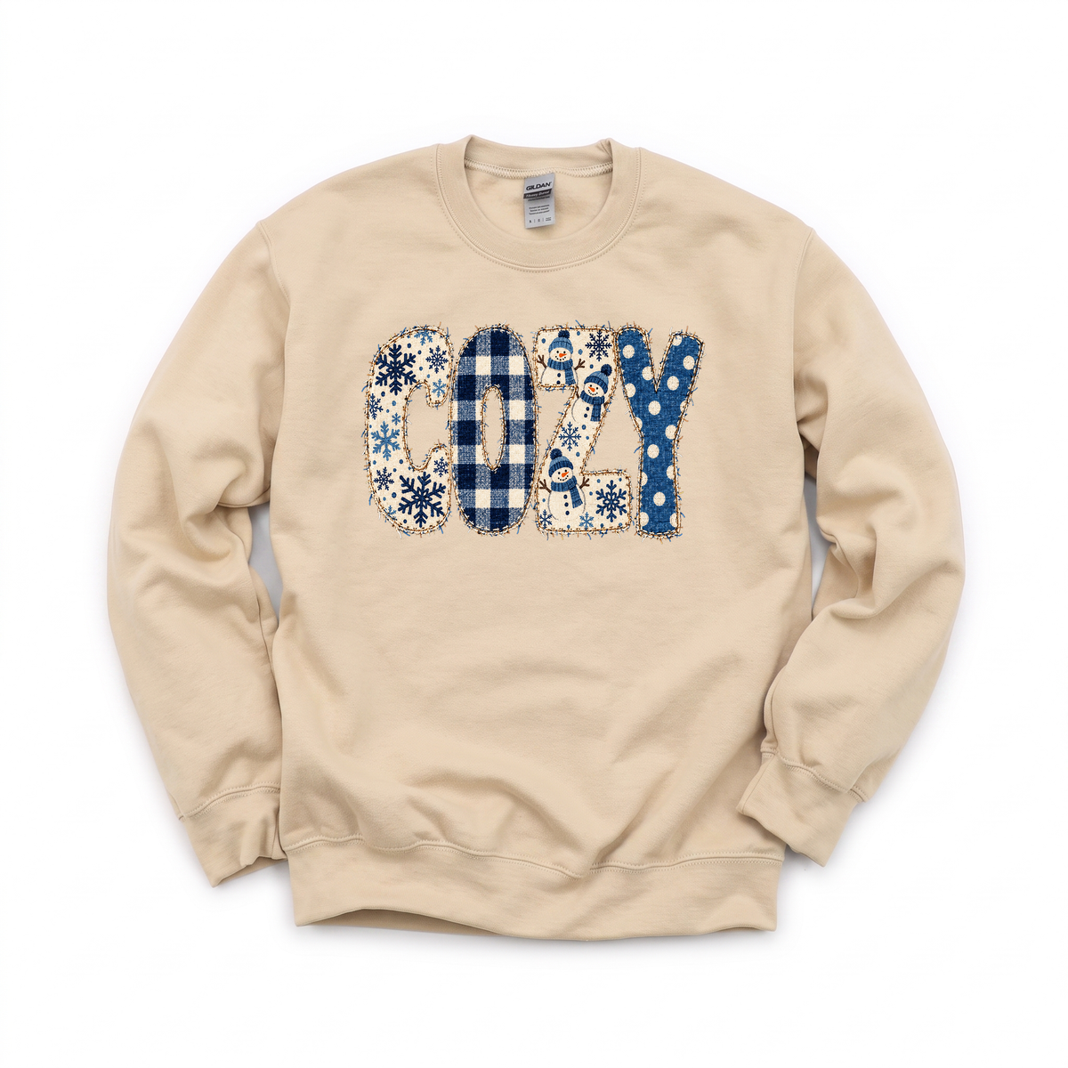 Cozy Snowmen graphic on Gildan 18000 in Sand